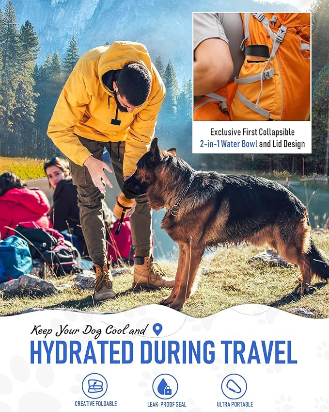 lesotc Dog Water Bottle Portable, 28oz Portable Dog Water Bottle with Bowl, Leak Proof Travel Bowl Dispenser for Dogs, One-Hand Squeeze Puppy Essentials for Walking, Hiking, Camping