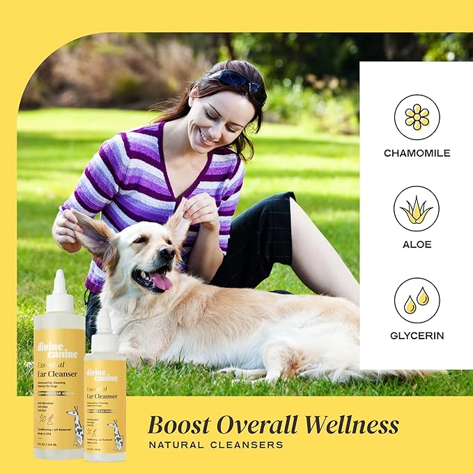 Dog Ear Cleaner - 4 Fl Oz of Dog Ear Wash - Drops to Dissolve Wax, Combat Odor, and Support Healthy Ears - Made with Chamomile, Honey, and Aloe - Made in the USA