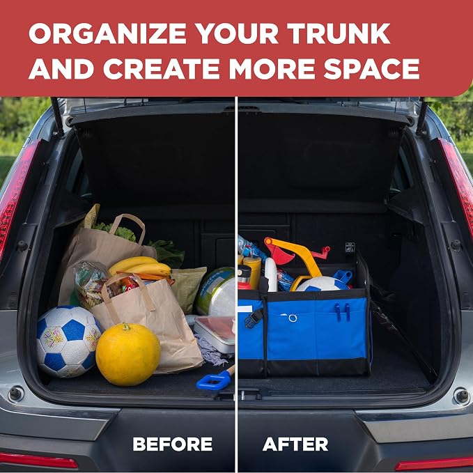 Blue Car Cargo Trunk Organizer for SUV & Auto Storage, Large | Fits Cars, SUVs & Trucks Organizes Sports Gear Keeps Cargo Secure Easy Everyday Storage Space-Saving Car Accessories