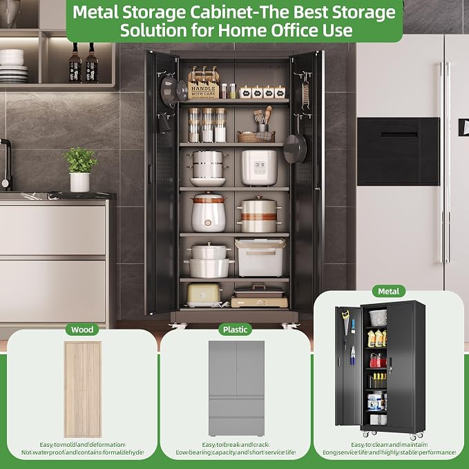 71 in. Garage Storage Cabinet with Wheels, 5 Shelves, Black | Lockable steel organizer with dual pegboard doors, four locking casters, and five adjustable shelves.