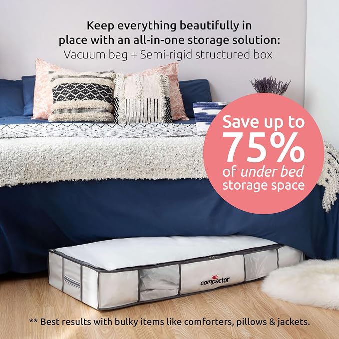 Compactor Under Bed Vacuum Storage Bag with Semi-Rigid Box, Closet Organizer, Vacuum Seal Bags for Clothing and Bedding, Fits All Vacuum and Nozzle Types, 190L, White, XL