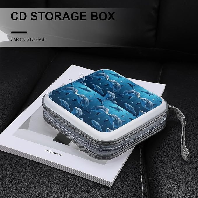 Protective 40-Disc CD/DVD Wallet Ocean Sea Animal Lover Dolphin, Hard Plastic Storage Binder with Handle, Portable Organizer for Car Office Travel