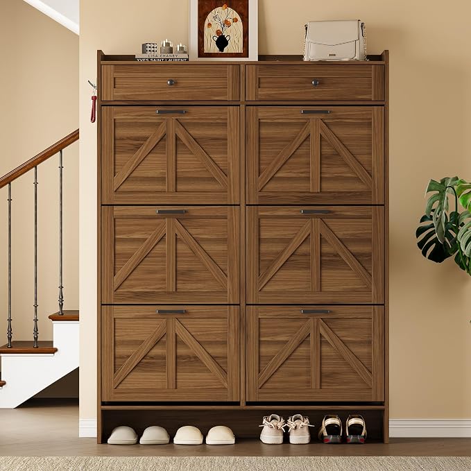 BORNOON Shoe Cabinet for Entryway, Farmhouse Shoe Storage Cabinet with 6 Flip Drawers and 2 Top Drawers, Tall Narrow Shoe Organizer Cabinet with Adjustable Shelves, Side Hooks and Anti-Tip Kit