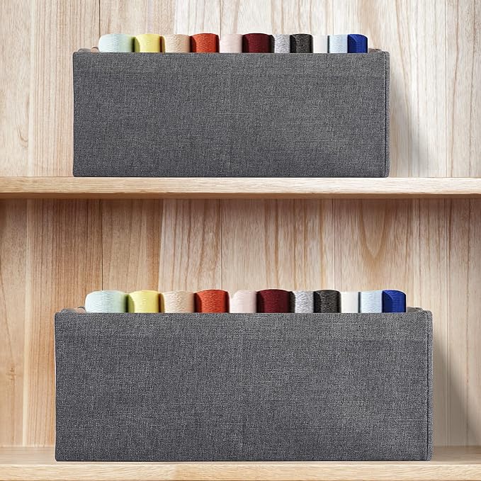 Fabric Storage Box, 13x10in Foldable Cotton Linen Basket with Wooden Handle | Small Rectangular Cube Decorative Home Laundry Organizer Clothes Blanket Container Organizing Clothes Sheets Jeans, Gray