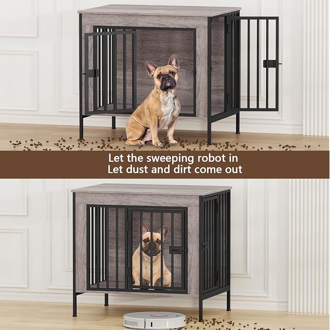 EasyCom 28.15" Dog Crate Furniture for 1 or 2 Dogs, Oak Grey | Fits Dogs 0–20 lbs, Heavy Duty Indoor Kennel, Multiuse TV Stand for Small Dog