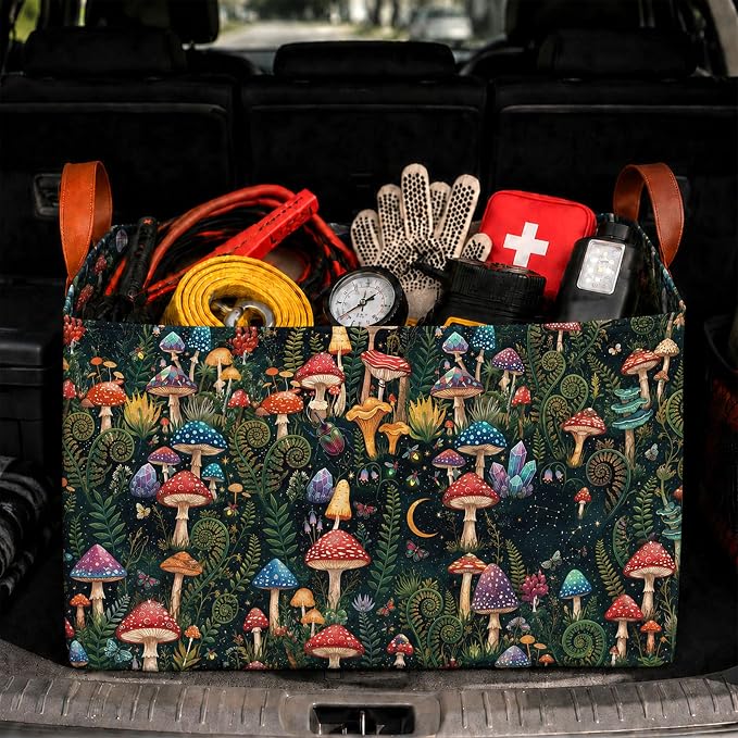 Mushroom Car Trunk Organizer 20L Fold Auto Storage Basket with Handles | Waterproof Reusable Shopping Grocery Bags for SUV Truck, Mushrooms Cars Boot Organizer Gifts for Women Men Drivers