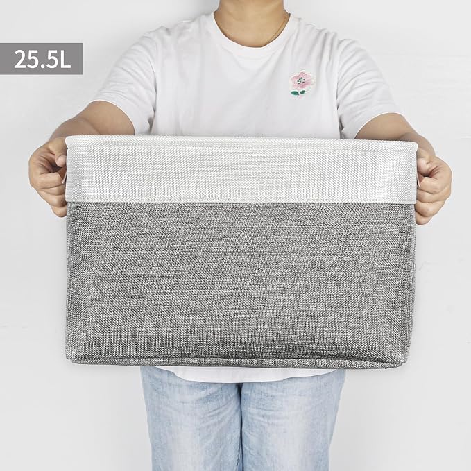 Bagnizer Storage Bins Large Fabric Storage Baskets for Shelves 3 Pack, Decorative Linen Closet Baskets with Handles for Organizing, Shelf, Clothes, Home, Office, 15x11x9.5Inches (Grey&White)