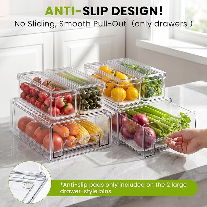 6Pack Fridge Organizers and Storage with Drain Trays,BPA-Free PET,Stackable | 2 Pull-Out Organizers & 4 Containers with Drain Trays For Fruit, Vegetable, Drink, Snack Food Storage