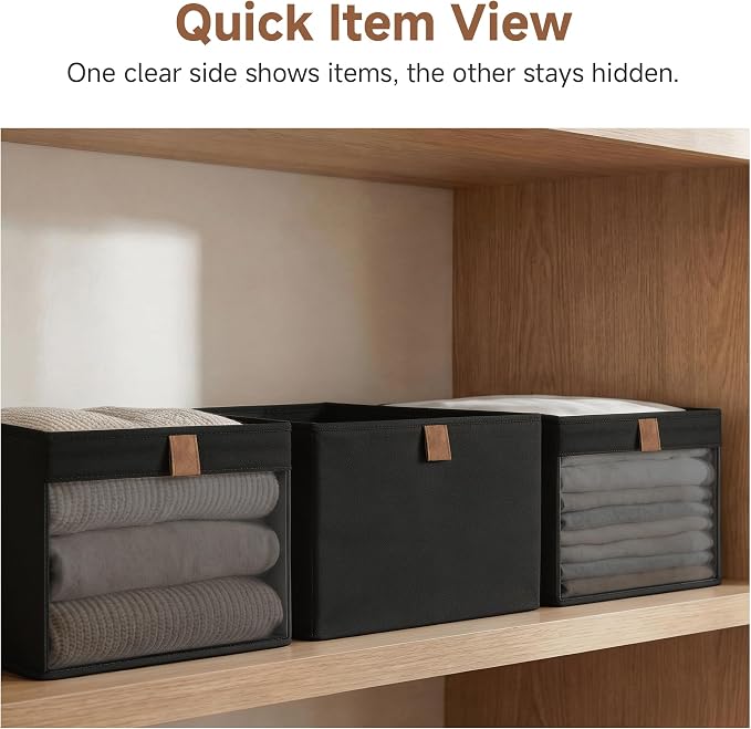 StorageWorks Closet Storage Bins, Collapsible Shelf Baskets, Black, 3-Pack | See-Through Mesh Front, Soft Leather Handles, Flip to Show/Hide, Breathable Fabric, Holds Clothes, Towels, Blankets, Toys