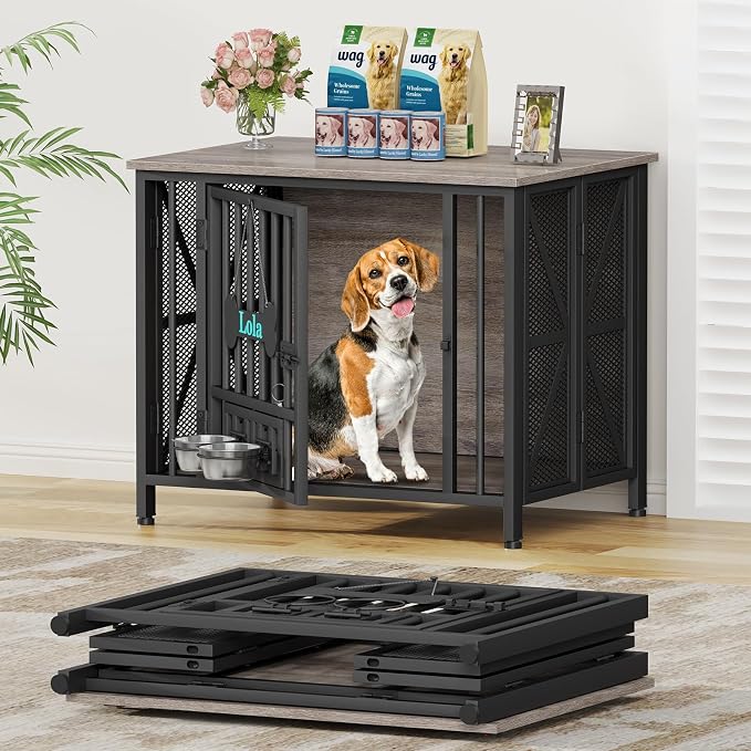 EasyCom Foldable Dog Crate Furniture, 31.5" Dog Crates for Small/Medium Dogs, Wooden Dog Kennel Indoor with Tag & Adjustable Dog Bowls, Dog Cage Use as End Table/TV Stand, Oak Grey | Foldable Dog Crate Furniture, Wooden Dog Kennel Indoor