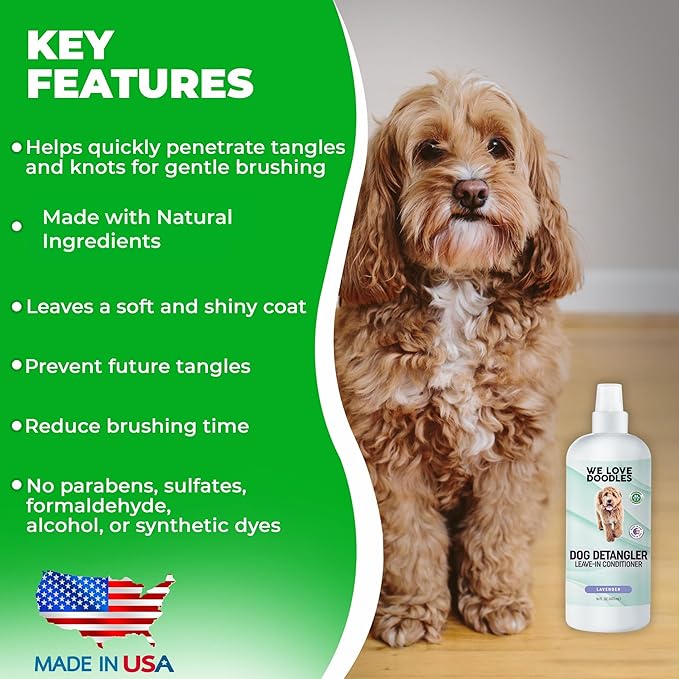 We Love Doodles Large Slicker Brush & Lavender Detangler Spray Pack - for Long-Haired Dogs, Dog Leave-In Conditioner for Reducing Mats, Knots & Tangles, Dematting & Conditioning Kit, 16 oz