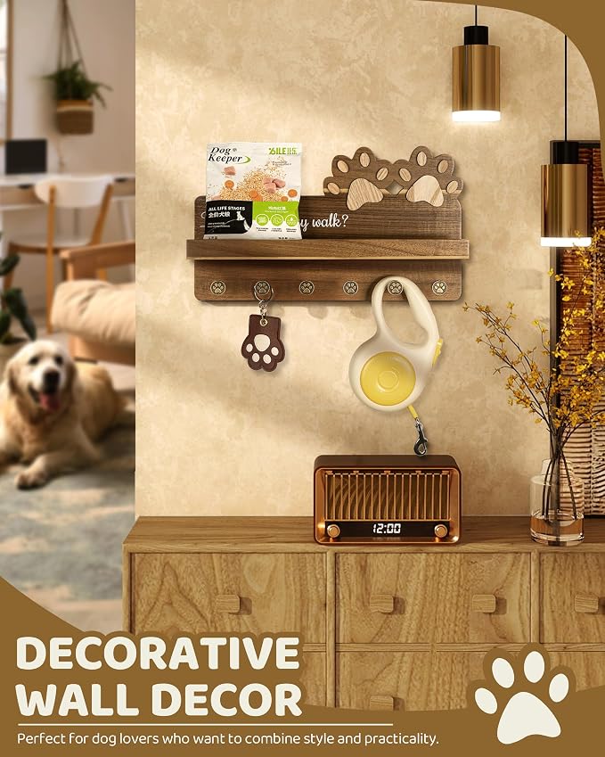 MTERSN Acacia Wood Dog Leash Holder for Wall with Shelf & 6 Hooks, Brown | 3D Doy Paw Six Hooks, Dog Leash Holder for Keys & Sunglasses, Wall Organizer for Entryway, Cute Home Accent for Wall Decor