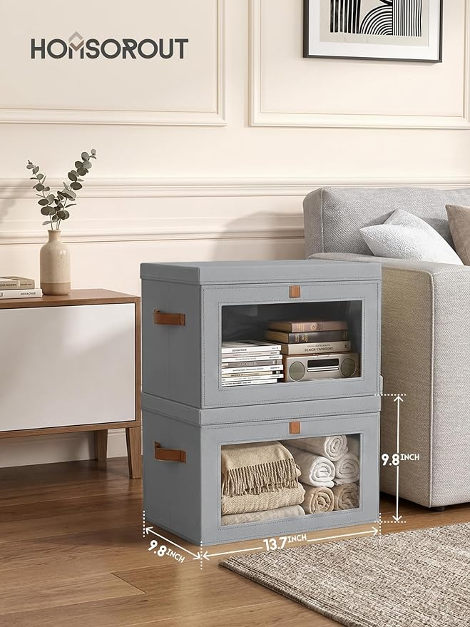 Medium Fabric Storage bins - Collapsible Storage Bins with Open Window, 4 Pack Closet Baskets for Shelves, Stackable Decorative Boxes for Home, Dorm, Grey, 13.7"x 9.8" x 9.8"