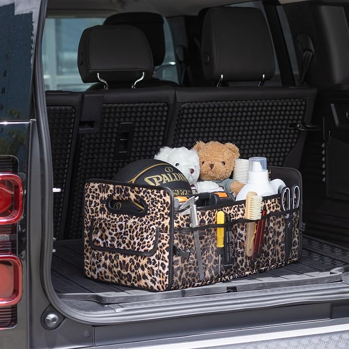 Car Trunk Organizer, Collapsible Car Organizers and Storage Leopard print | Sturdy, Large Capacity, Clean Decor, Multi Compartment Container Box, Adjustable Car Accessories for SUV Sedan Truck