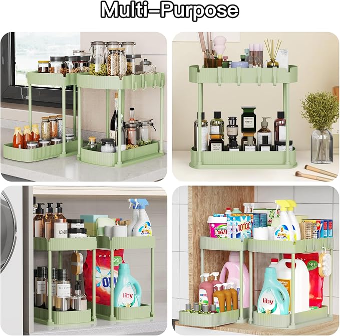 2 Packs Under Sink Pull-Out Storage Organizers, 12.8 Inches, Green | Multi-Purpose Cabinet Organizers and Storage for Bathroom & Kitchen