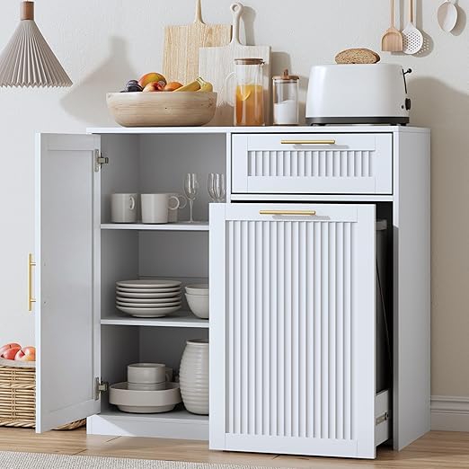 13 Gallons Pull Out Trash Can Cabinet with Storage, White | Fluted Kitchen Trash Cabinet with Adjustable Shelf & Drawer, Hidden Wood Pet Proof Trash Can Holder for Laundry, Living Room