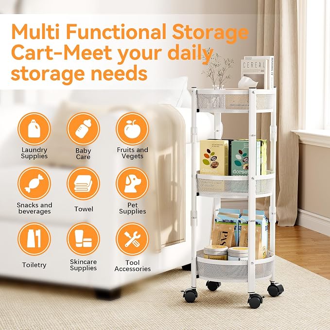 TOOLF 3 Tier Foldable Rolling Cart, Metal Utility Storage Cart, White | Assembly-Free, Lockable Wheels, Round Trolley Organizer for Bathroom, Kitchen, Office, Dorm, Laundry, Craft Room