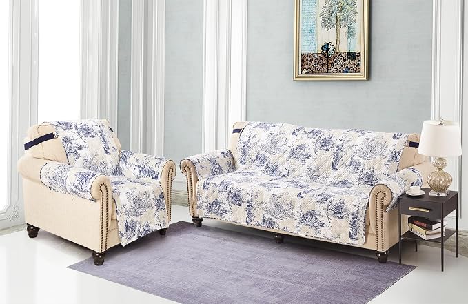 Brilliant Sunshine Blue Toile Couch Armchair Cover, Beige Ivory, 23" seat | Quilted Sofa Cover, Living Room & Bedroom Furniture Protector, Washable Chair Slipcover for Pets, Dogs & Cats