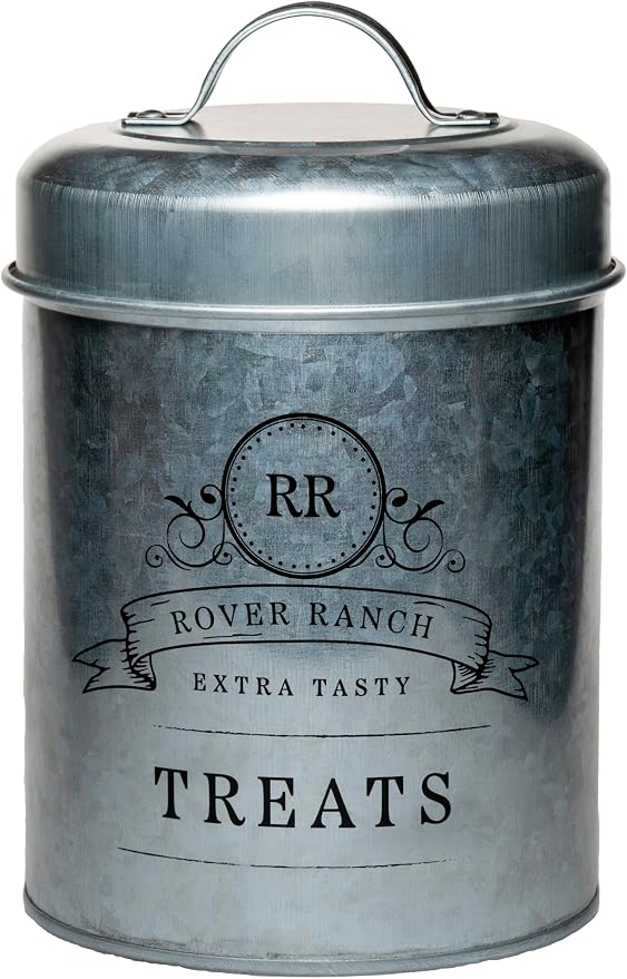 Amici Home Rover Ranch Metal Pet Treat Canister, 64 Oz - Silver | Airtight Treat Storage Jar with Silicone Gasket, Wide Mouth, Lid Handle, Pet Snack Container for Biscuits & Training Bites