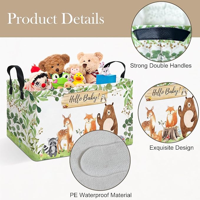 Rectangle Foldable Storage Basket Handles For Home, Forest Animals | Waterproof canvas material, reinforced handles, perfect for shelf use, organizes clothes, daily items and pet supplies