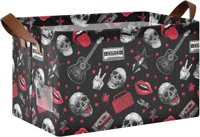 Music Rock and Roll Skulls Storage Basket Foldable Cube Storage Bins with Handles&Label Waterproof Collapsible Organizer Box Bin Large Rectangle Decorative Baskets for Shelves Home Room Laundry
