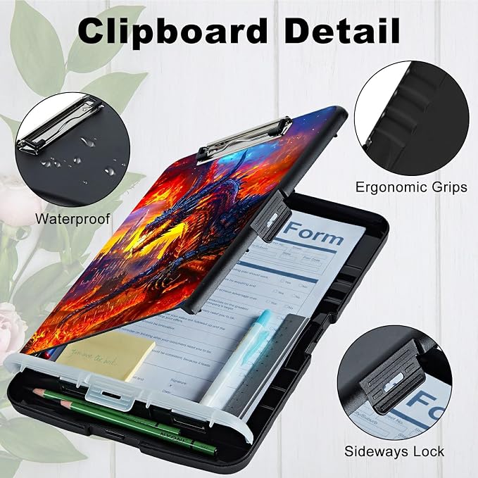 Castle Flaming Dragon A4 Clipboard with Storage Pen Holder, Clipboards Organizer Nursing Clipboard Foldable File Folder Plastic Clipboard Folio Clip Board for Office Students Classroom