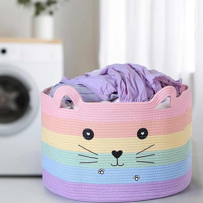 Zopeal Cat Storage Basket Woven Organizer with Ears Decorative Gift Cute Cotton Rope Pet Toy Basket for Gift Cat Dog Toy Bin Nursery Room(21.7 x 13.8 Inch,Macaron Color)