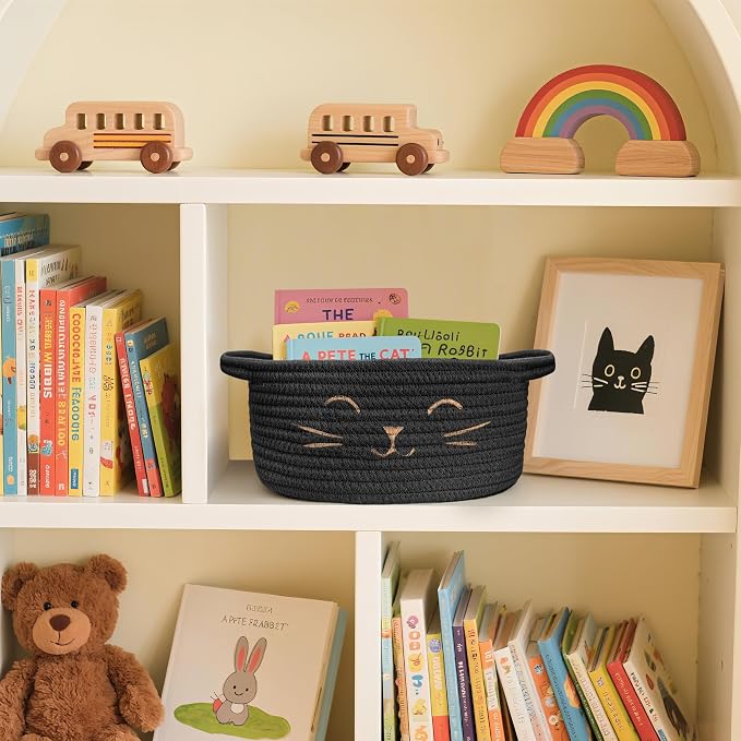 Small Cat Toy Basket, Gift Baskets Empty for Baby Shower,9.8" x 4" | Boo basket Cute Woven Rope Storage Basket for Home Decor, Baby Baskets for Nursery, Cat Pet toy box, Black