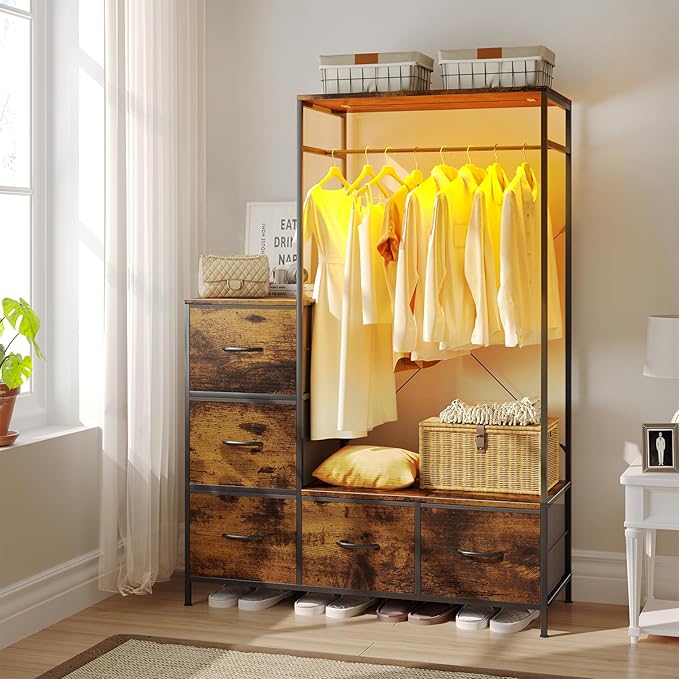 Clothing Rack with 5 Fabric Drawers & LED, 39.4" W×57" H Dresser with Hanging Rack, Free Standing Wardrobe Closet with Shelves, Closet Organizer for Bedroom, Small Space, Apartment, Brown