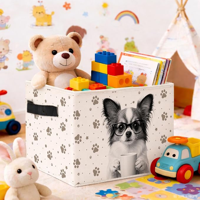 Chihuahua Coffee Storage Bin, Foldable Fabric Organizer Basket | Cute chihuahua coffee storage bin with glasses dog artwork, paw print background, foldable design and handles.