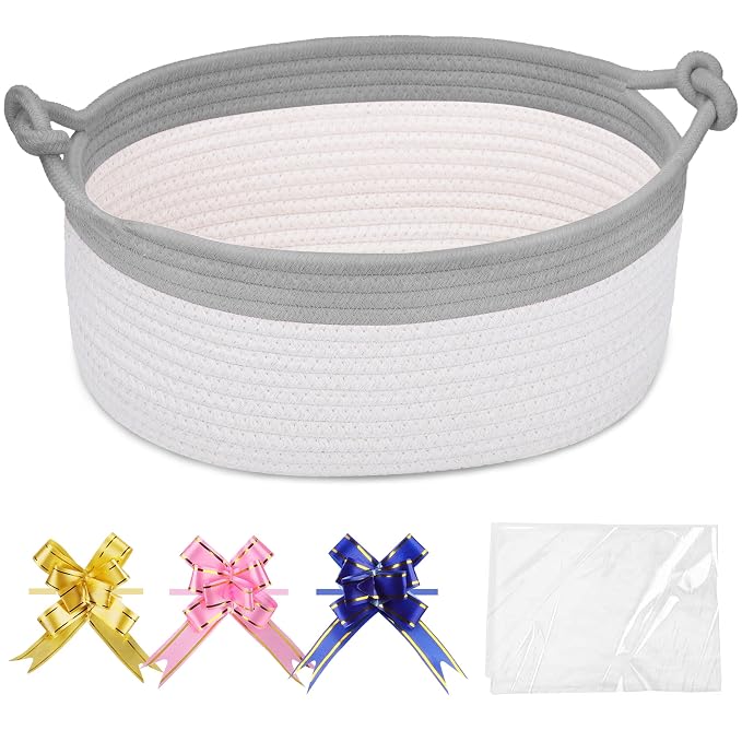 COMSE Small Gift Basket Empty with Bag & Ribbons, Cool Gray & White | Cotton Rope, 12"x 8"x 5", Pet Toy Storage Organizer, Woven Basket for Birthdays, Baby Showers, Mother’s Day, Valentine’s Day