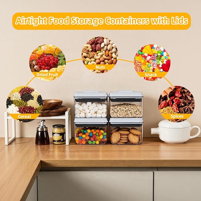 Pop Push Button Airtight Food Storage Containers 4 Pack (0.7Qt) | BPA-Free Stackable Square Canisters for Nuts, Candy, Spices, Pet Treats, Small Snacks