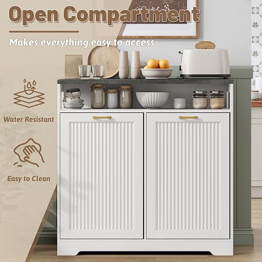 Pet-Proof Double 13 Gallon Tilt Out Trash Can Cabinet with Open Storage – Hide Garbage & Recycling Bins to Keep Your Kitchen Clean and Organized,White