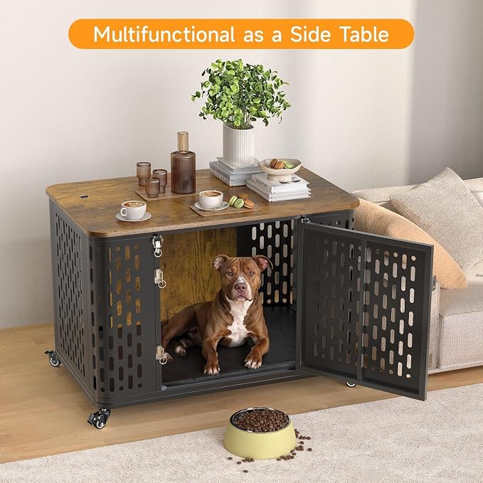 ONBRILL Dog Crate with Cushion, 38" Wood Heavy Duty Dog Crate Furniture with Flip Top & Wheels for High Anxiety Dog, Escape Proof Pet Cage for Small/Medium Dogs