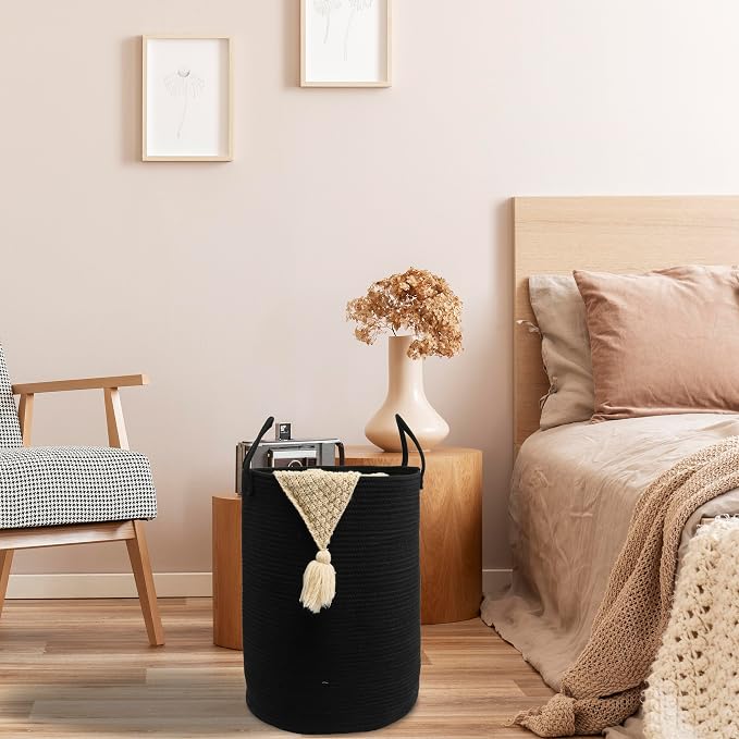 Woven Cotton Rope Laundry Basket Hamper 16" x 22" Large Black | Rope storage basket for dirty clothes, toys and blankets. Perfect for bathroom, baby nursery and living room storage.