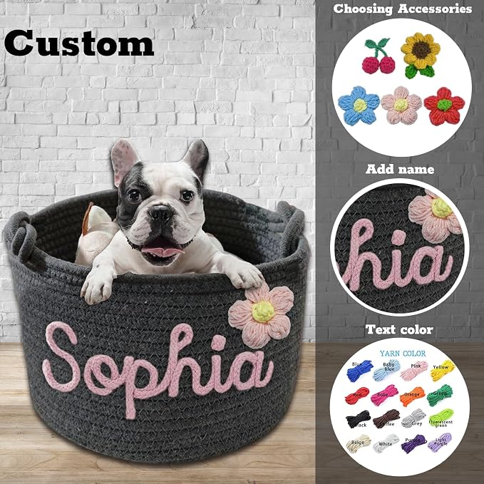 Personalized Dog Toy Storage Basket - Custom Woven Cotton Rope Bin with 3D Cord Name for Puppy Accessories, Treats & Pet Organization Pink L