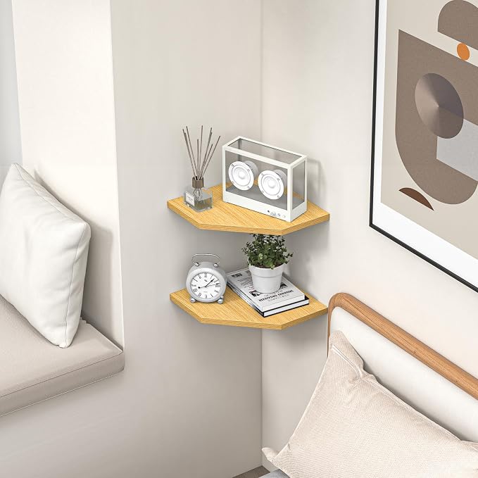 Fun Memories Corner Shelf Wall Mount, Corner Floating Shelves, Set of 4 Corner Wall Shelf Organizer, Rustic Wood Wall Storage Display Shelves for Living Room Bedroom Bathroom Kitchen, Oak