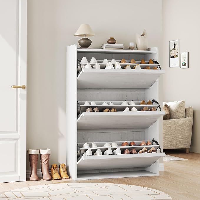 GarveeHome Shoe Cabinet with 3 Flip Drawers, Wooden Shoe Organizer with Adjustable Shelf, Shoe Storage for Entryway, Hidden Shoe Cabinet for Hallway, Living Room, White