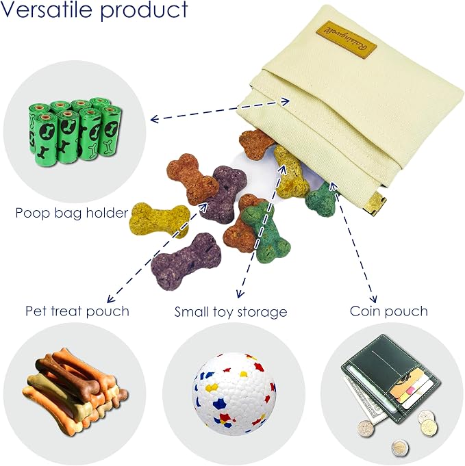 Raisingwell Dog Treat Pouch, Lvory Pocket Sized Pet Training Pouch, Cotton Fabric, Hand Free Dog Walking Bag with Carabiner, Self-Closing Pet Feed Snack Reward, for Puppy Travel or Outdoor Use