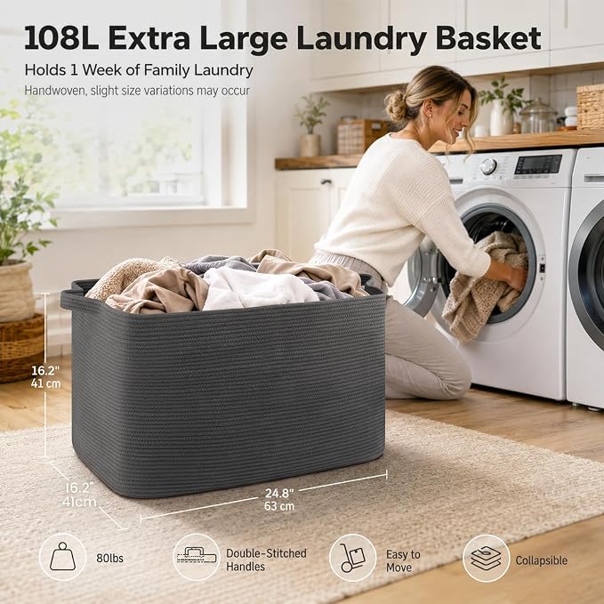 OIASKET 108L Extra Large Blanket Basket Living Room, 24.8" x 16.2" x 16.2" | Rectangle Woven Laundry Hamper, Nursery Blanket Storage Living Room, Toy Storage With Handle, Large Baskets for Organizing