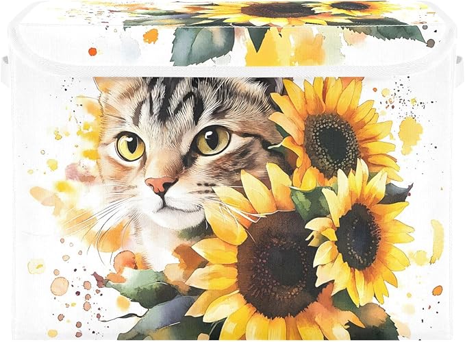 Cat Sunflower Storage Bins with Lids Closet Bedroom 40L Storage Basket | Decorative Storage Boxes, Foldable & Stackable, Dust-Proof Flip Top, Reinforced Handles, For Home & Dorm, Clothes & Toy Box