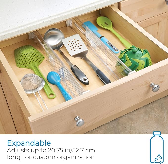 iDesign Plastic Adjustable Deep Drawer Divider, Kitchen, Dresser, Desk, Bathroom and More, The Linus Collection – Set of 2, Expandable 13.25” – 20.75”, Clear | Expandable, 13.25"x4.10"x1.25", Clear
