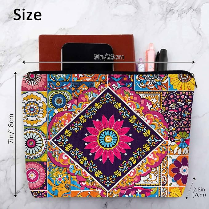 Women Makeup Organizer Bag Mandala Floral, Colorful Ethnic Mandala Flower Patchwork Flax Cosmetic Bag Makeup Bags Toiletry Bag Accessories Organizer Travel Bags For Home Bathroom Office Hotel