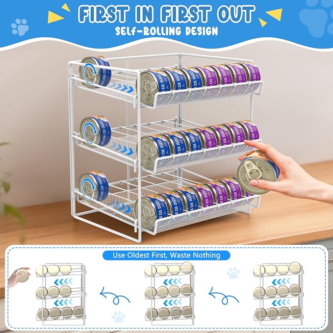 Cat Food Can Organizer 3-Tier Can Organizer for Pantry 84 Cans 3.5oz | White metal 3-tier cat food can organizer,Holds 84 cans 3.5oz,Adjustable pantry countertop storage for kitchen cabinet