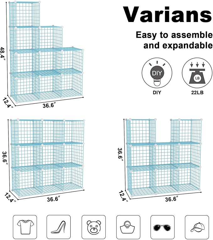 C&AHOME Wire Cube Storage, 9 - Cube Organizer Metal C Grids, Shelves, Blue | Modular Shelves Units, Closet Organizer, Storage Bins Shelving, Ideal for Home, Office, Living Room