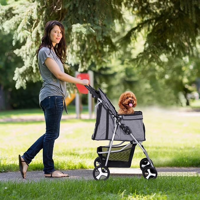 Pet Stroller for Medium Small Dogs - Easy to Walk Folding Travel Carrier Strolling Cart with Cup Holder, Weather Cover and Storage Basket (Gray)