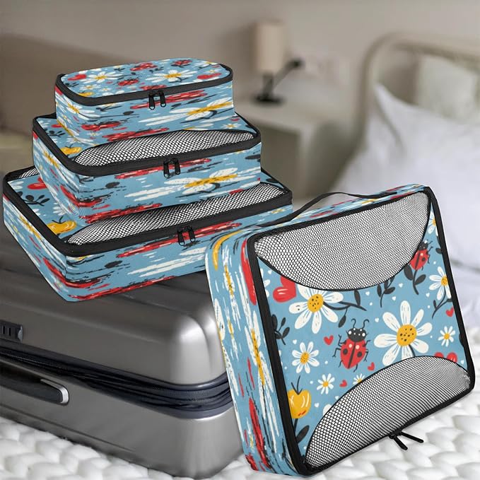 4 Set Packing Cubes for Travel, Ladybugs Florals Packing Cubes for Women, Travel Luggage Packing Organizers, Packing Cube Set, Daisy Flowers
