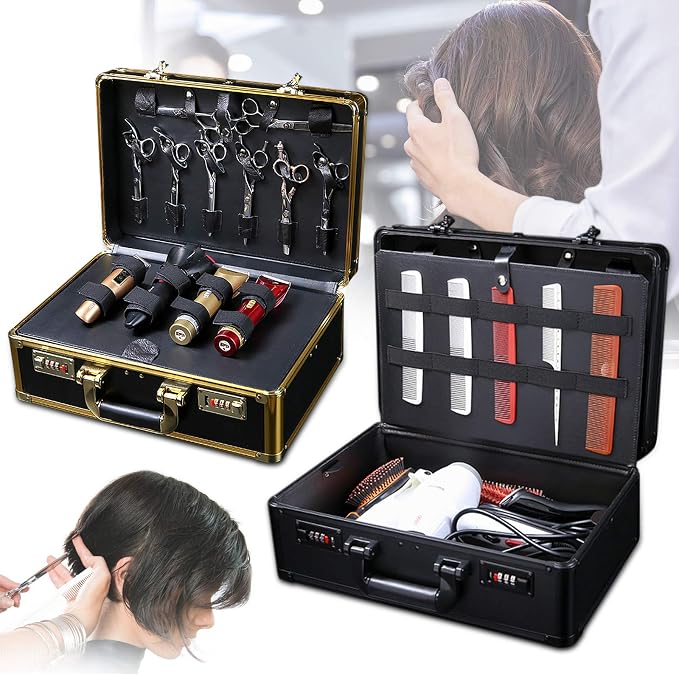 Barber Beauty Salon Tool Kits Storage Travel Carry Case,Hairdresser Salon Trimmer Holder Organizer Box with Lock,Barber Carrying Case for Hair Stylist Pet Groomer (Gold)