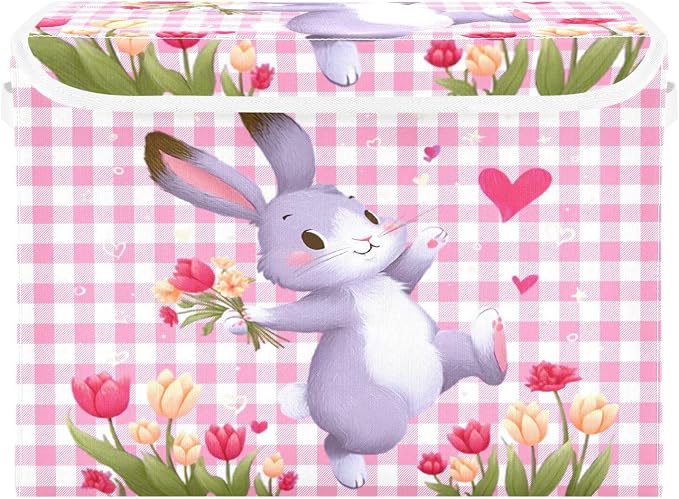 Rabbit Garden Fabric Storage Bins with Lid Closet Storage Basket 40L | Decorative Storage Boxes, Dust-Proof Flip Top, Reinforced Handles, For Home & Bedroom, Clothes & Toy Box, Rabbit Cute Print
