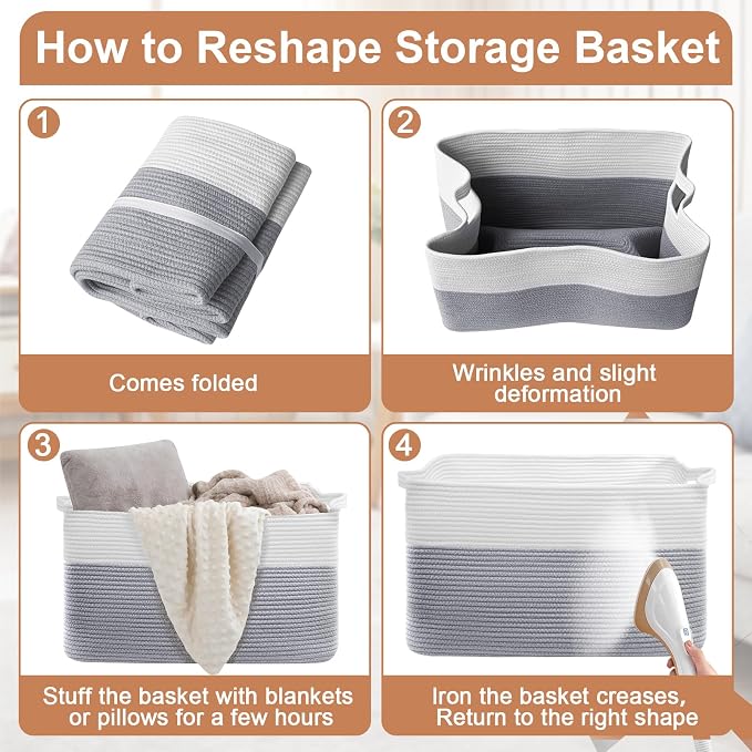 75L Large Blanket Storage Basket with Handles - White & Gray | Extra-large blanket baskets. Soft cotton, foldable, washable.Holds blankets, pillows for living room, bedroom, dorm.